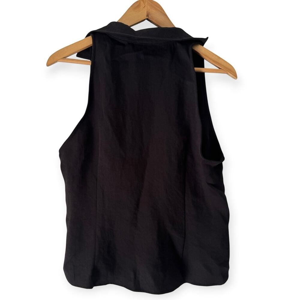 NWT OGL Collared V-neck Pleated Sleeveless Top with Drawstring Size Medium Black - Picture 3 of 7